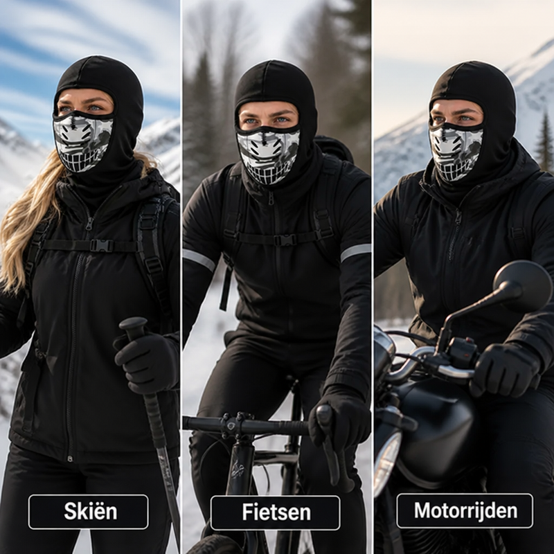 Drie dragers van de bivakmuts in de sneeuw: een skiester, een fietser en een motorrijder, naast elkaar in beeld. 5