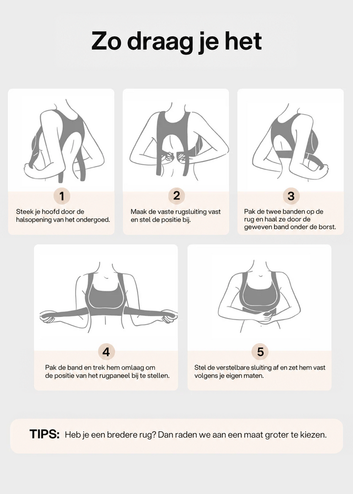 Stapsgewijze tekeninstructie in vijf illustraties die laat zien hoe je de steunbeha aantrekt en de rugband en gesp aanpast, met een tip over de maat. 21