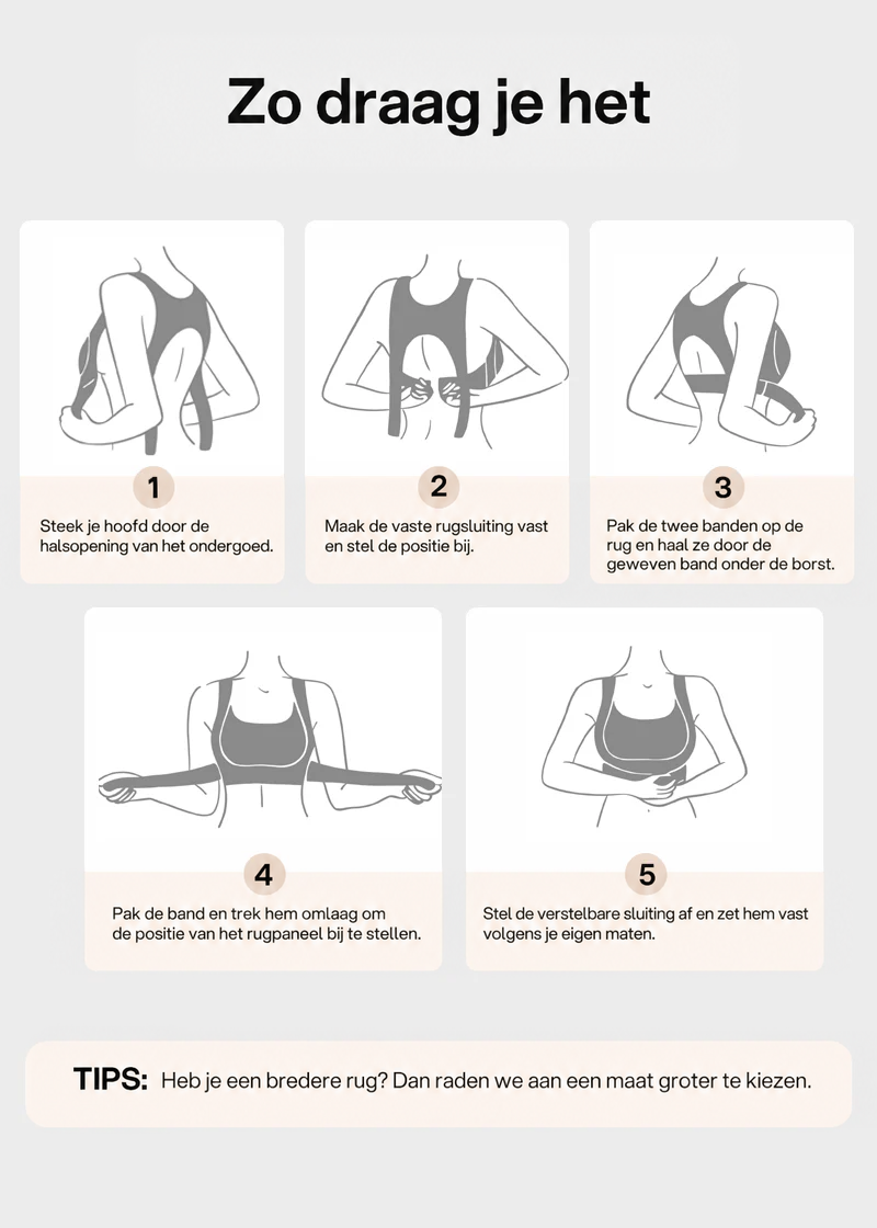 Stapsgewijze tekeninstructie in vijf illustraties die laat zien hoe je de steunbeha aantrekt en de rugband en gesp aanpast, met een tip over de maat. 21