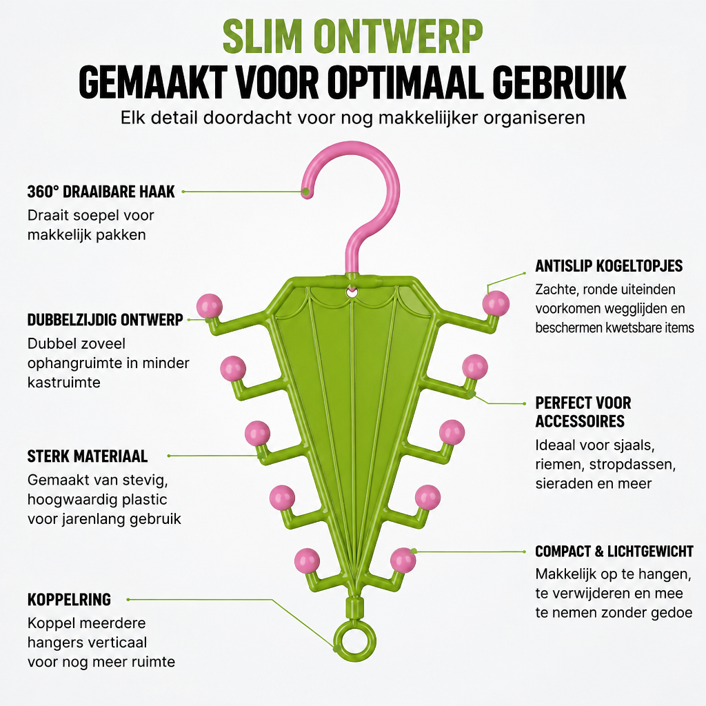 Groen paraplurek met roze bolletjes en haak, omringd door uitleg over ontwerp en gebruik 8
