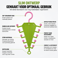 Groen paraplurek met roze bolletjes en haak, omringd door uitleg over ontwerp en gebruik 8