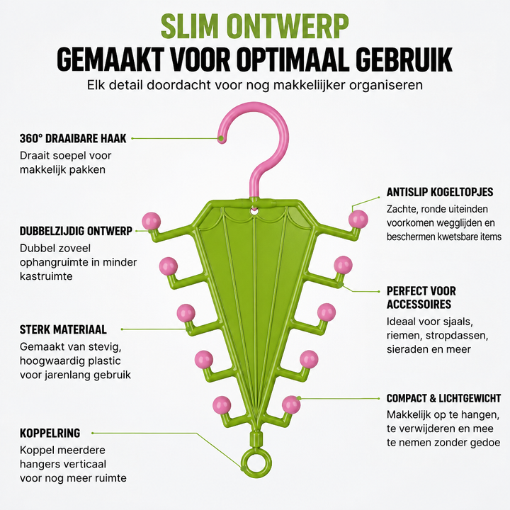 Groen paraplurek met roze bolletjes en haak, omringd door uitleg over ontwerp en gebruik 8