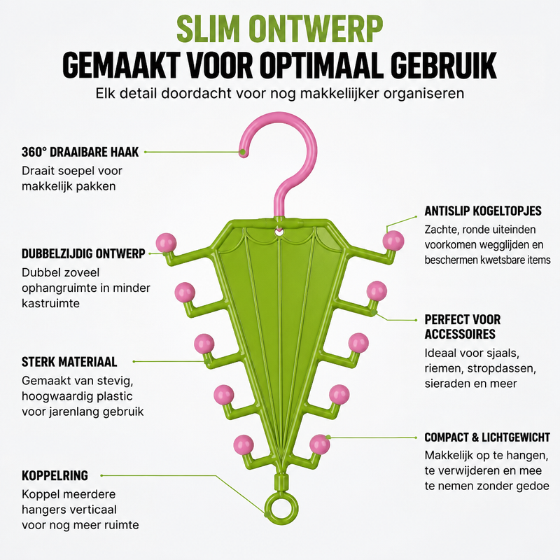 Groen paraplurek met roze bolletjes en haak, omringd door uitleg over ontwerp en gebruik 8