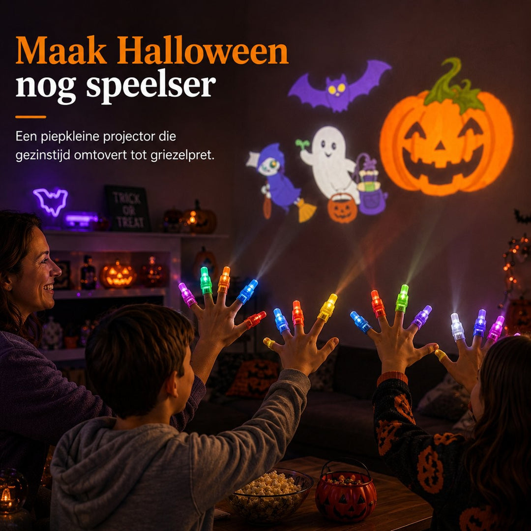 Gezin in een donkere kamer richt vingerlampjes op de muur, waar pompoen, spook en vleermuis verschijnen 10