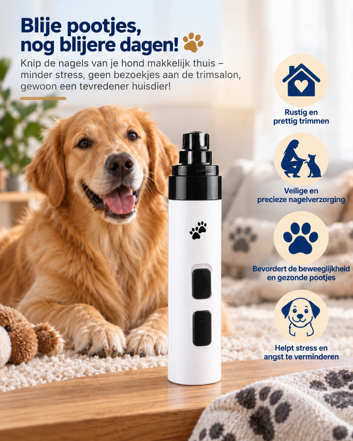 Witte nagelvijl naast een glimlachende golden retriever op een tapijt, met vier kenmerken als pictogrammen rechts 5
