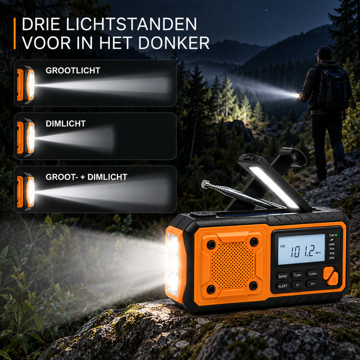 Radio met felle lichtbundel in een nachtelijk bos, met drie lichtstanden en een wandelaar op de achtergrond 6