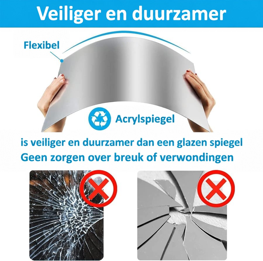 Handen buigen een flexibele acrylspiegel, met daaronder gebroken glas en een versplinterde glazen spiegel als vergelijking voor de veiligheid. 7