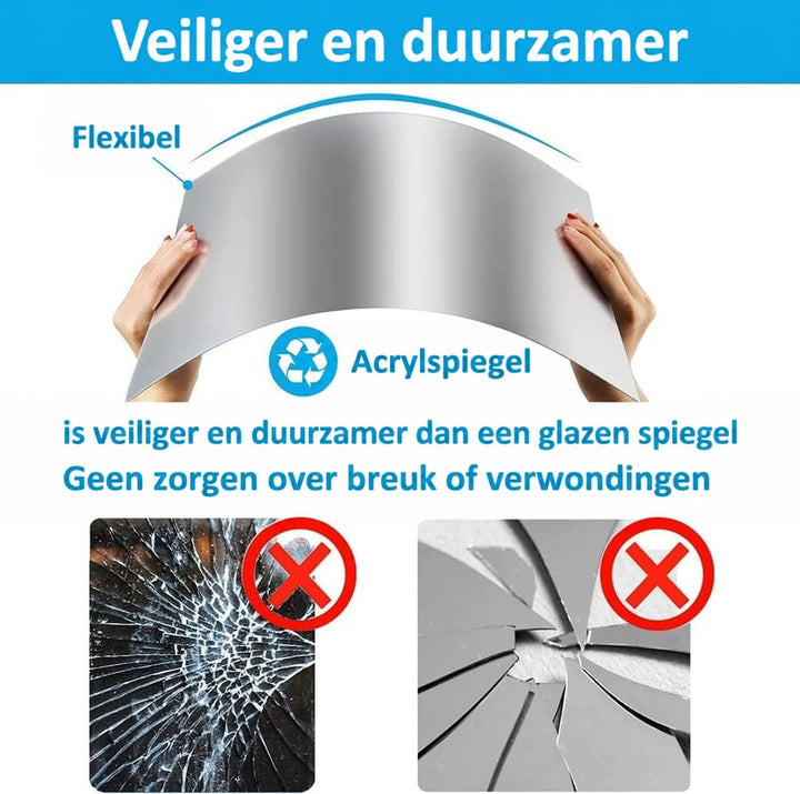 Handen buigen een flexibele acrylspiegel, met daaronder gebroken glas en een versplinterde glazen spiegel als vergelijking voor de veiligheid. 7