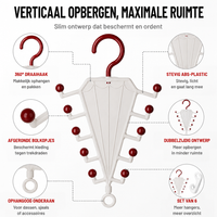 Wit paraplurek met rode bolletjes, met uitvergrote details van haak, bolletjes, onderste ring en gebruik 7
