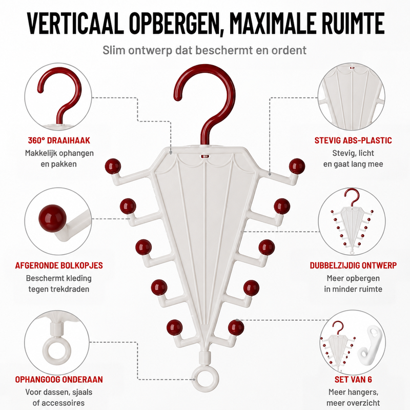 Wit paraplurek met rode bolletjes, met uitvergrote details van haak, bolletjes, onderste ring en gebruik 7