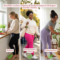 Drie vrouwen in leggings in zwart, roze en lila tijdens koken, boodschappen doen en schoonmaken, met Duitse tekst. 15