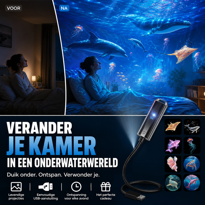 Voor-en-nabeeld van een slaapkamer die met onderwaterbeelden van walvis, dolfijn en kwallen verandert, naast de projector 1