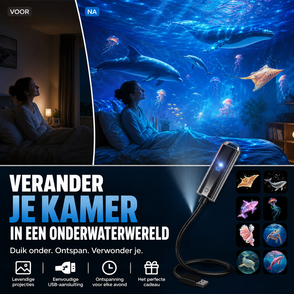 Voor-en-nabeeld van een slaapkamer: vrouw in bed ziet een onderwaterwereld met dolfijnen en kwallen geprojecteerd 1