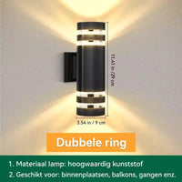 Cilindrische wandlamp met dubbele ring, met aangegeven hoogte en breedte in centimeters en inches 14