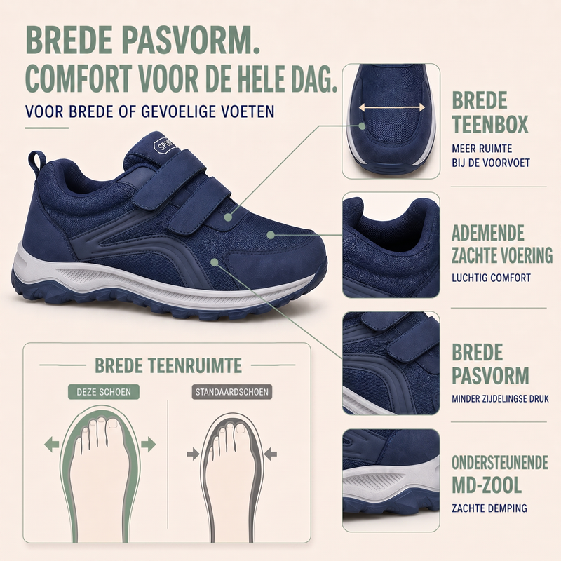 Blauwe schoen met uitleg over brede neus en zachte voering, met vergelijking van tenenruimte 3