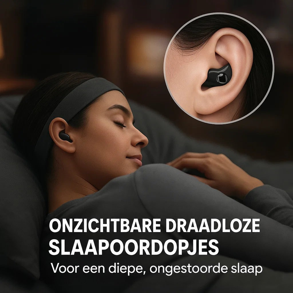 Vrouw met haarband slaapt op haar zij met een zwart oordopje, met een inzetfoto van het oor 4