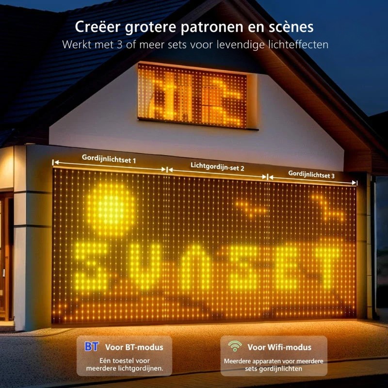 Drie lichtgordijnen naast elkaar op een garagepoort vormen samen een groot gele patroon met zon en tekst 8