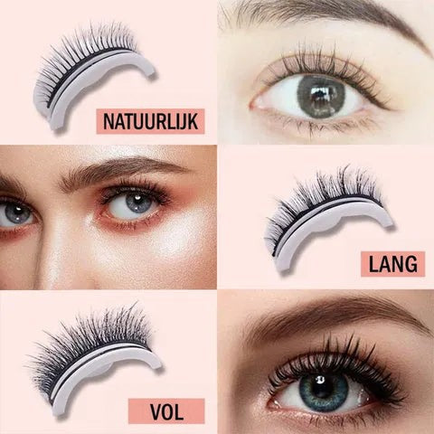 Zes beelden die drie wimperstijlen vergelijken, natuurlijk, lang en dik, elk als losse wimper en als gedragen op een oog. 5