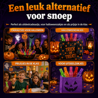 Vier gebruiksideeën: uitdeelcadeautjes op een feestje, snoepzak, klasprijsjes en een paarse traktatiezak gevuld met 14
