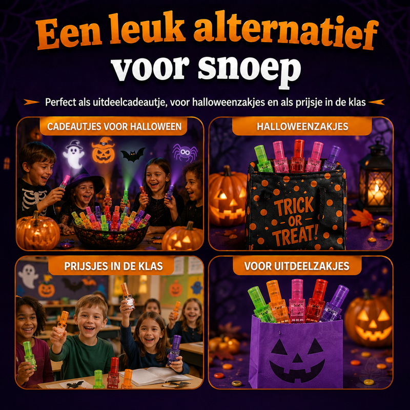 Vier gebruiksideeën: uitdeelcadeautjes op een feestje, snoepzak, klasprijsjes en een paarse traktatiezak gevuld met 14