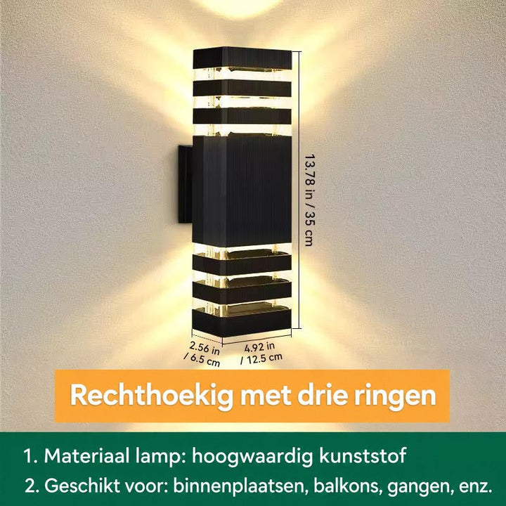 Rechthoekige wandlamp met drie lichtbanden boven en onder, met afmetingen in centimeters en inches 18
