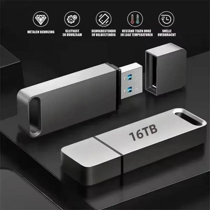Twee metalen USB-sticks op een donker oppervlak, een met losse dop en blauwe USB-connector 5