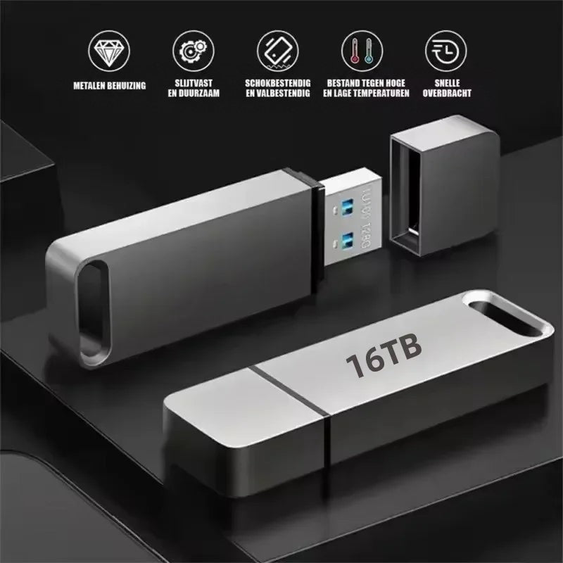 Twee metalen USB-sticks op een donker oppervlak, een met losse dop en blauwe USB-connector 5