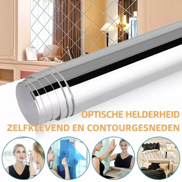 Opgerolde zilverkleurige spiegelfolie met daaronder vier kleine voorbeelden van gebruik als spiegel aan de wand, in een woonkamer als achtergrond. 1