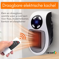 Wandverwarmer met digitaal display en afstandsbediening in een woonkamer met gordijnen, bedoeld voor kleine ruimtes 2