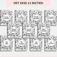 Elf bloemenbladen met een witte cirkel in het midden, elk voor een ander onderdeel van de planner, zoals verzekeringen, financiën, testament en brieven. 8