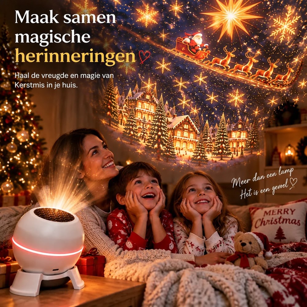 Moeder en twee kinderen in kerstpyjama's kijken lachend naar de kerstprojectie op de muur 6