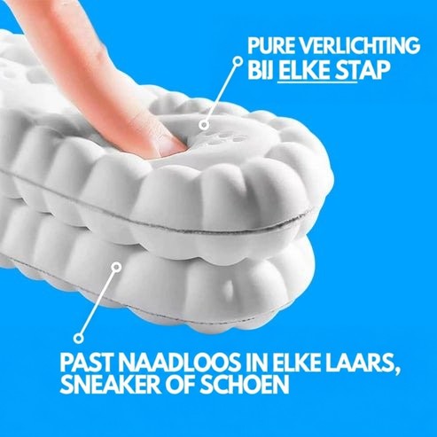 Twee op elkaar gestapelde witte inlegzolen met golvende rand, een vinger drukt in het zachte schuim op blauwe achtergrond. 5