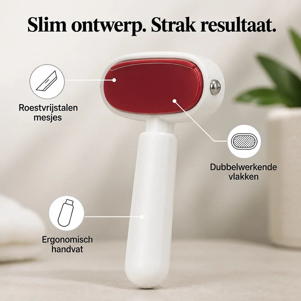 Witte voetvijl met rood vlak en ergonomisch handvat, met pictogrammen die de onderdelen aanwijzen 3