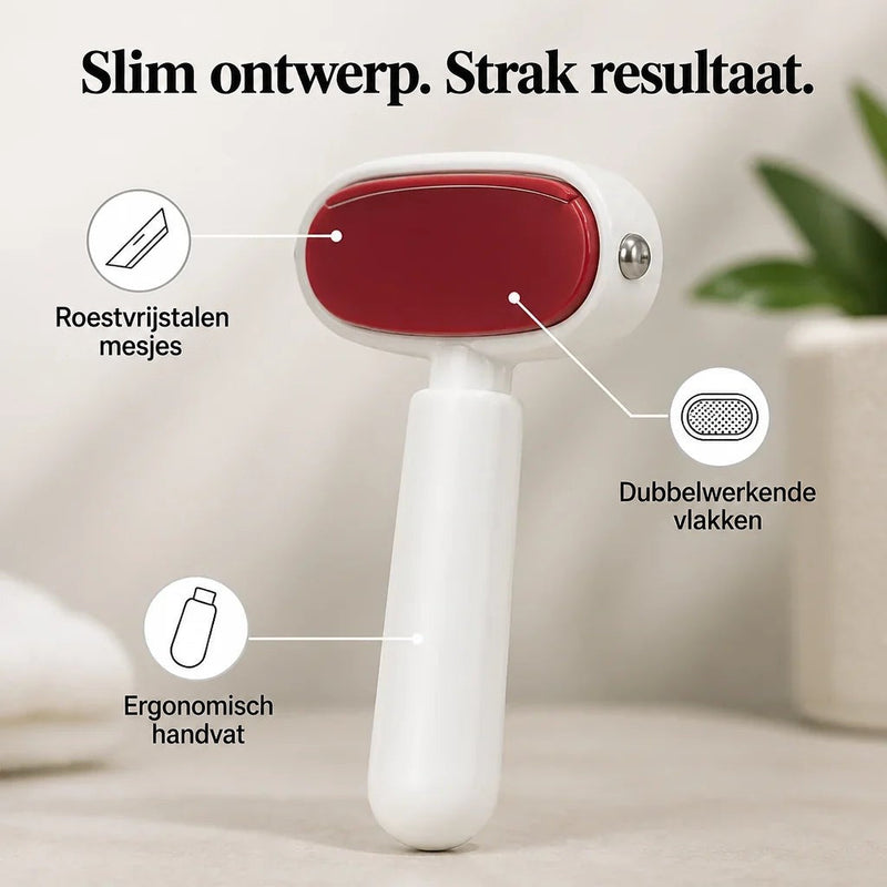 Witte voetvijl met rood vlak en ergonomisch handvat, met pictogrammen die de onderdelen aanwijzen 3