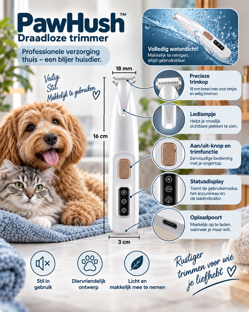 Witte trimmer met uitgelichte onderdelen: trimkop, ledlamp, knop, display en oplaadpoort, plus afmetingen en 6