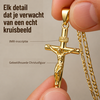 Detail van de hanger tussen twee vingers: het INRI-bandje en het uitgewerkte Christusbeeld, met de Figaro-ketting ernaast 2