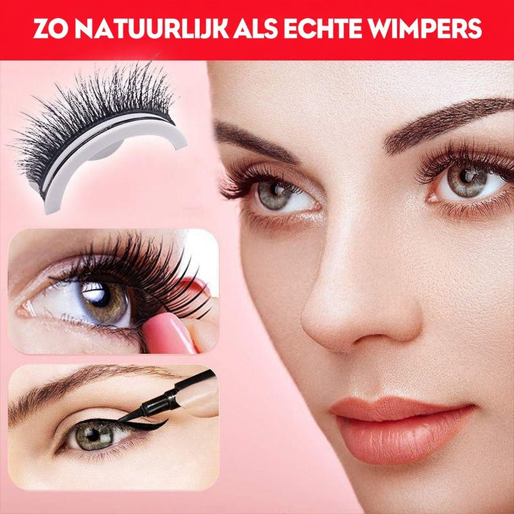 Gezicht van een model met natuurlijke wimpers, met een wimperstukje op het houdertje, het aanbrengen en het zetten van een eyelinerlijn. 9
