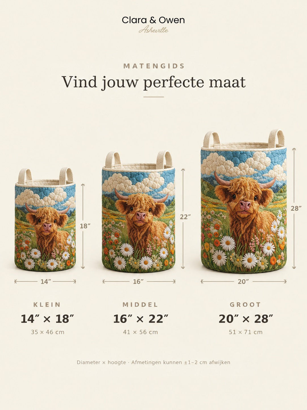 Maatoverzicht van drie manden met hooglanderprint, naast elkaar met diameter en hoogte in inches en centimeters aangegeven. 6