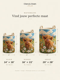 Maatoverzicht van drie manden met hooglanderprint, naast elkaar met diameter en hoogte in inches en centimeters aangegeven. 6