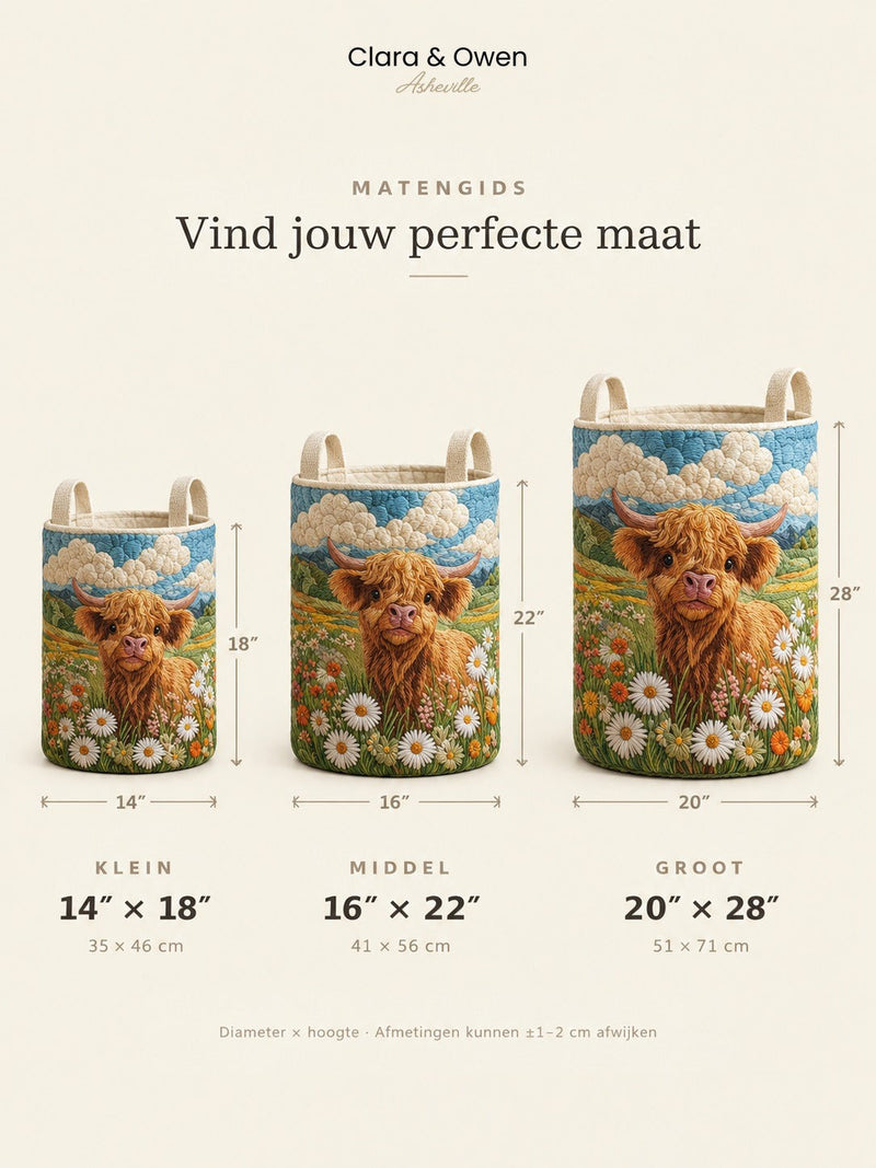 Maatoverzicht van drie manden met hooglanderprint, naast elkaar met diameter en hoogte in inches en centimeters aangegeven. 6