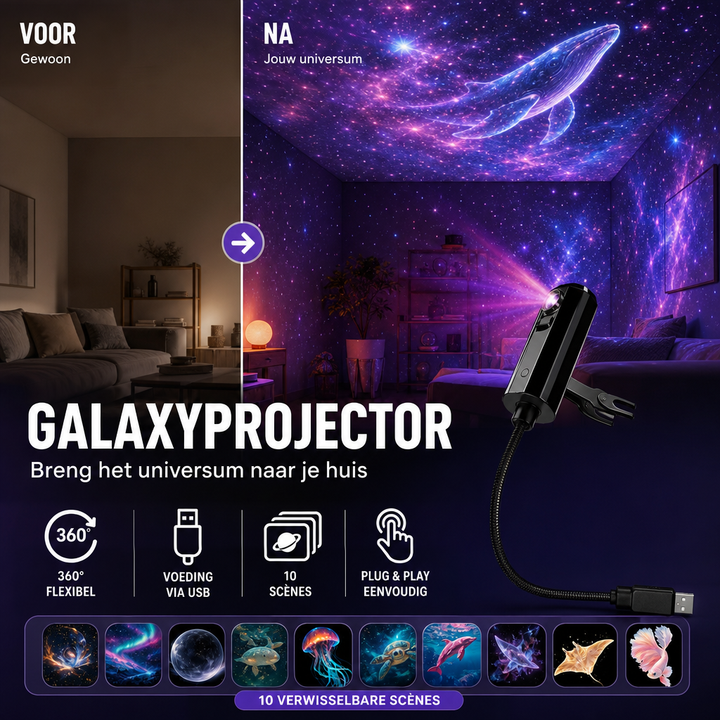 Voor-en-nabeeld van een woonkamer die door de projector in een paarse sterrenhemel met walvis verandert 4