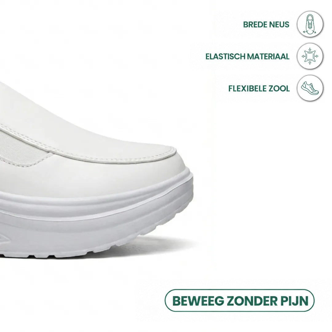 Detail van de brede witte neus met elastisch materiaal en flexibele zool, met kenmerkpictogrammen 14