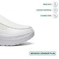 Detail van de brede witte neus met elastisch materiaal en flexibele zool, met kenmerkpictogrammen 14