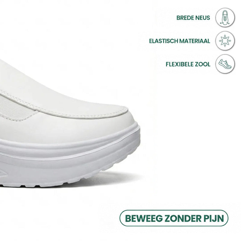 Detail van de brede witte neus met elastisch materiaal en flexibele zool, met kenmerkpictogrammen 14