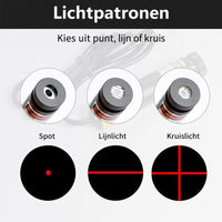 Close-ups van de laserkop met drie lensopties, met daaronder het punt-, lijn- en kruispatroon als rode tekening 7