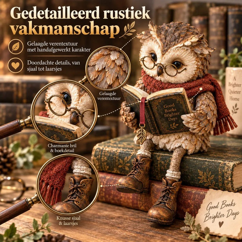 Uilenbeeldje op oude boeken met drie vergrootglazen die de veertextuur, de bril met boekdetail en de sjaal met laarsjes tonen. 4