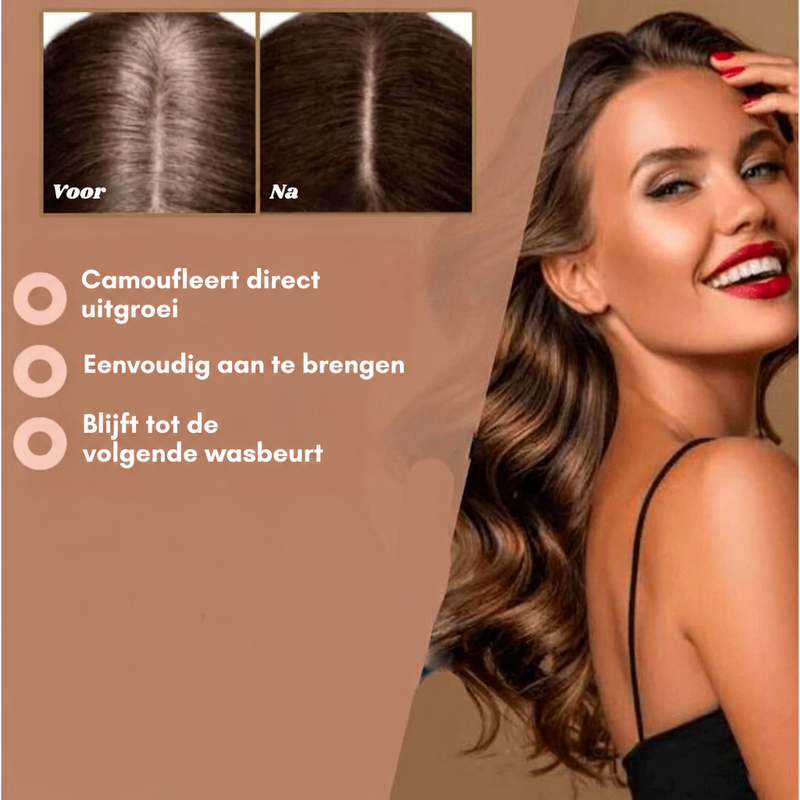 Voor-en-nafoto van een haarscheiding met grijze uitgroei, naast een lachende vrouw met lang golvend bruin haar en rode lippen. 1