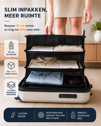 Vrouw haalt de uitgeklapte organizer met opgevouwen kleding en riem uit een crèmekleurige koffer 3
