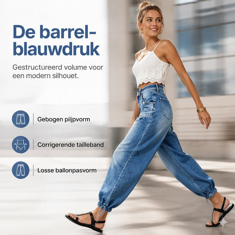 Lachende vrouw loopt in de blauwe barreljeans met wit kanten topje en sandalen; pictogrammen tonen gebogen pijp en ballonpasvorm. 4