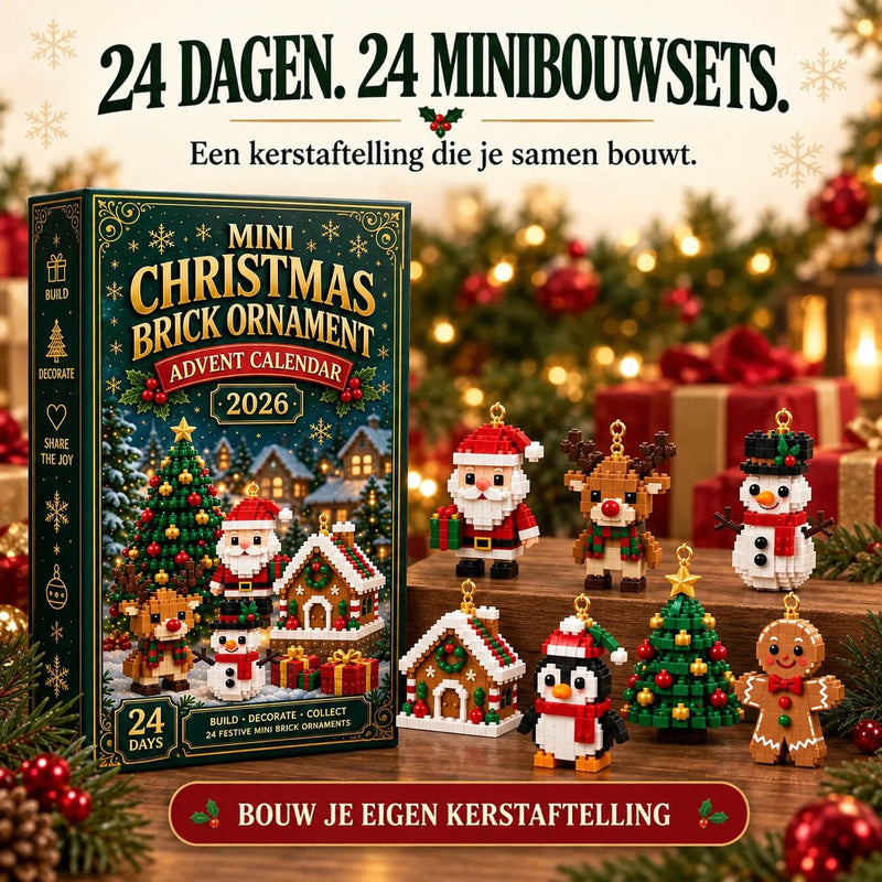 Doos met zeven gebouwde figuurtjes op een houten verhoging: kerstman, rendier, sneeuwman, huisje, pinguïn, kerstboom en peperkoekman. 8